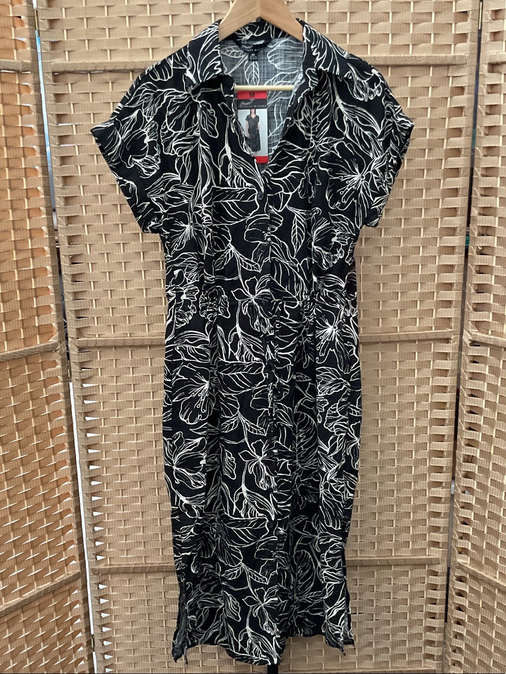 Jewel Badgley Mischka Black & Cream Floral Shirt Midi Dress